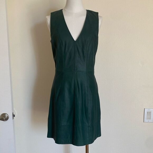 Bod & Christensen Dark Forest Green Leather Anya Mini Dress Size 6 - Picture 2 of 14
